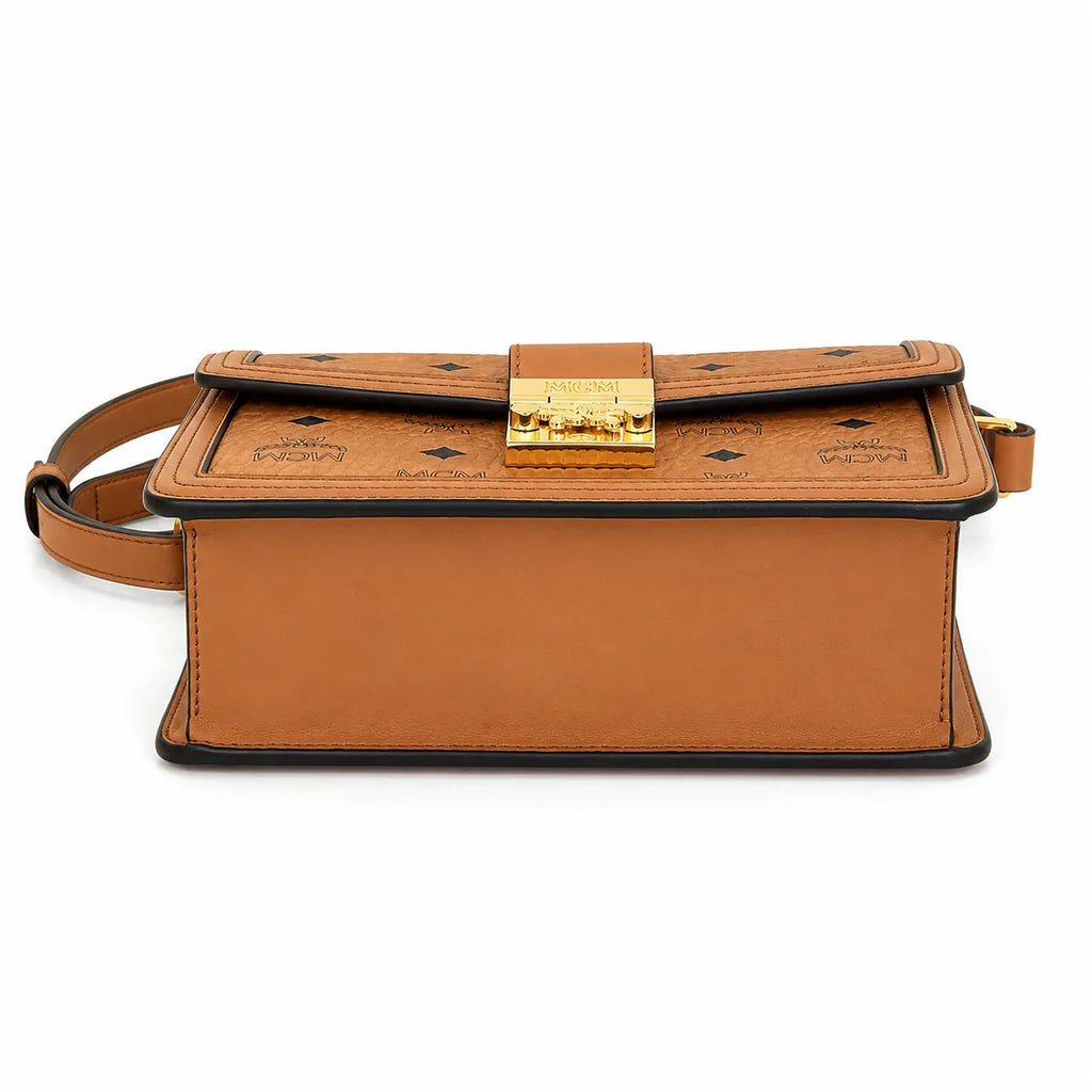 MCM Tracy Flap Shoulder Bag | Cognac Visetos Monogram with Gold Laurel Lock