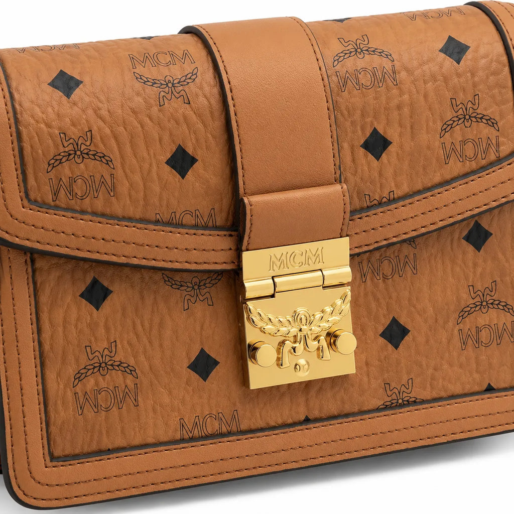 MCM Tracy Flap Shoulder Bag | Cognac Visetos Monogram with Gold Laurel Lock
