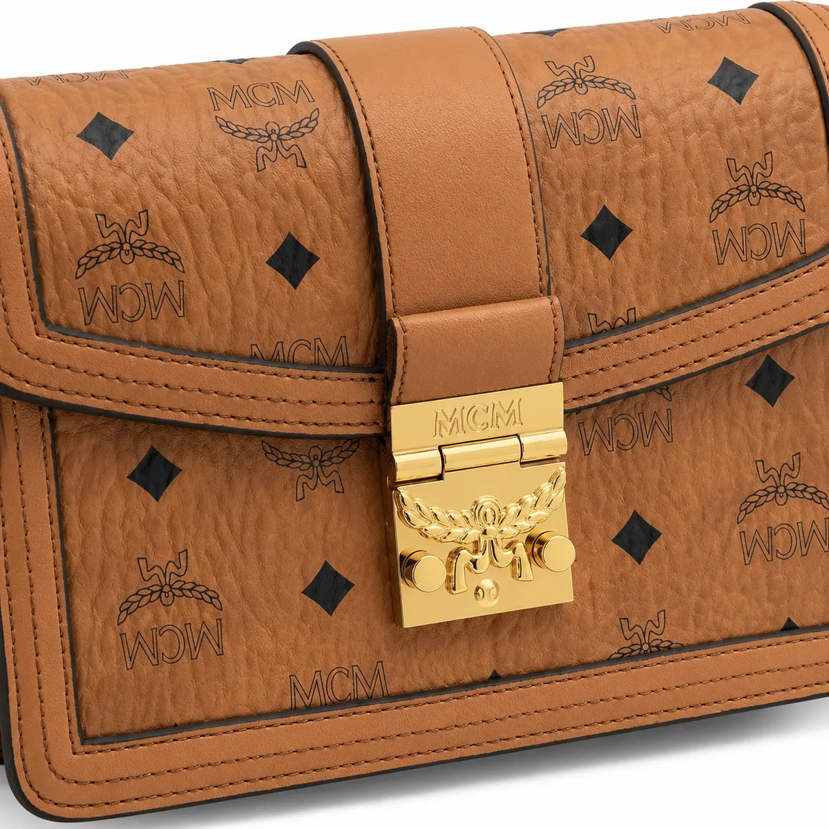 MCM Tracy Flap Shoulder Bag | Cognac Visetos Monogram with Gold Laurel Lock