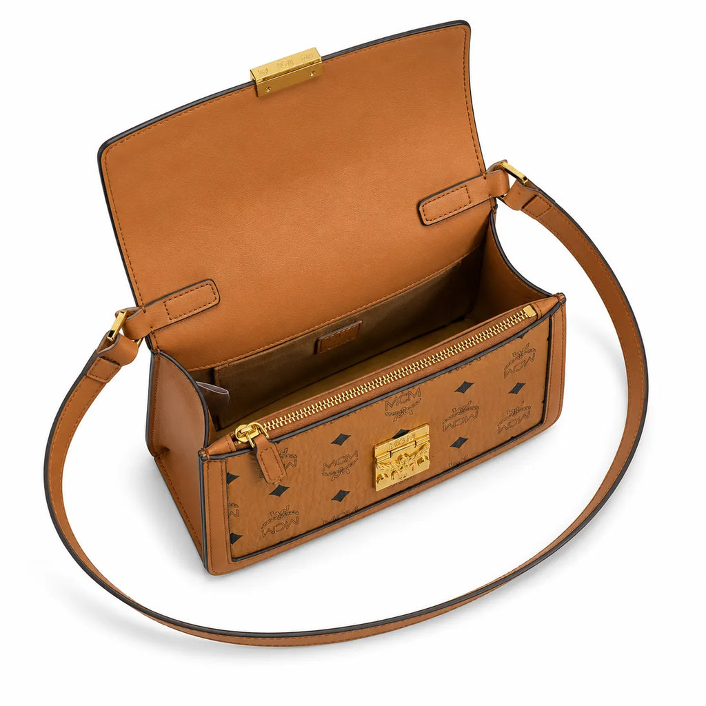 MCM Tracy Flap Shoulder Bag | Cognac Visetos Monogram with Gold Laurel Lock