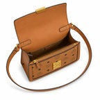 MCM Tracy Flap Shoulder Bag | Cognac Visetos Monogram with Gold Laurel Lock