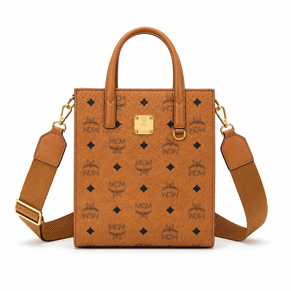 MCM Klassik Vertical Tote Bag | Cognac Visetos Mini Sheet Music Bag with Wide Fabric Strap