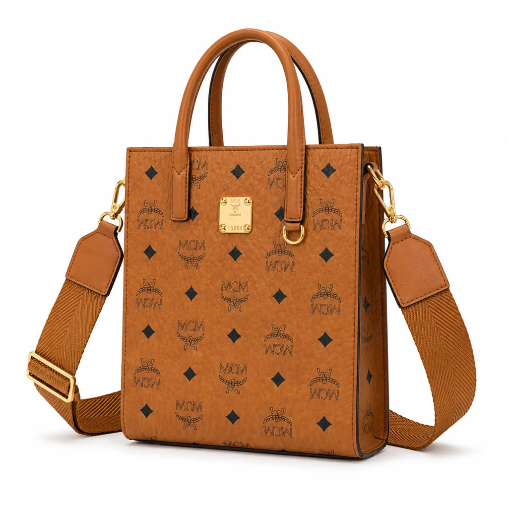 MCM Klassik Vertical Tote Bag | Cognac Visetos Mini Sheet Music Bag with Wide Fabric Strap