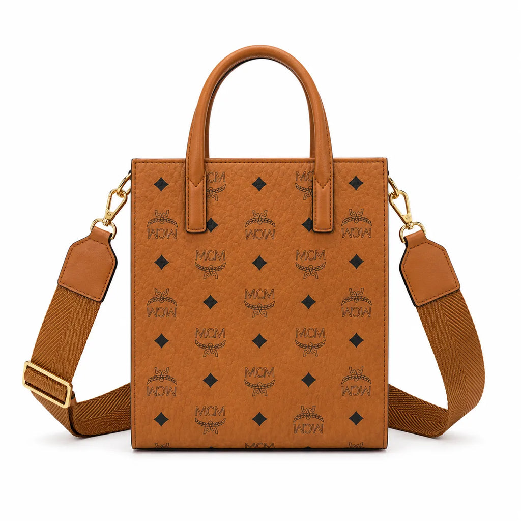 MCM Klassik Vertical Tote Bag | Cognac Visetos Mini Sheet Music Bag with Wide Fabric Strap