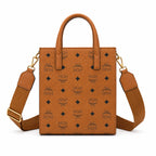 MCM Klassik Vertical Tote Bag | Cognac Visetos Mini Sheet Music Bag with Wide Fabric Strap