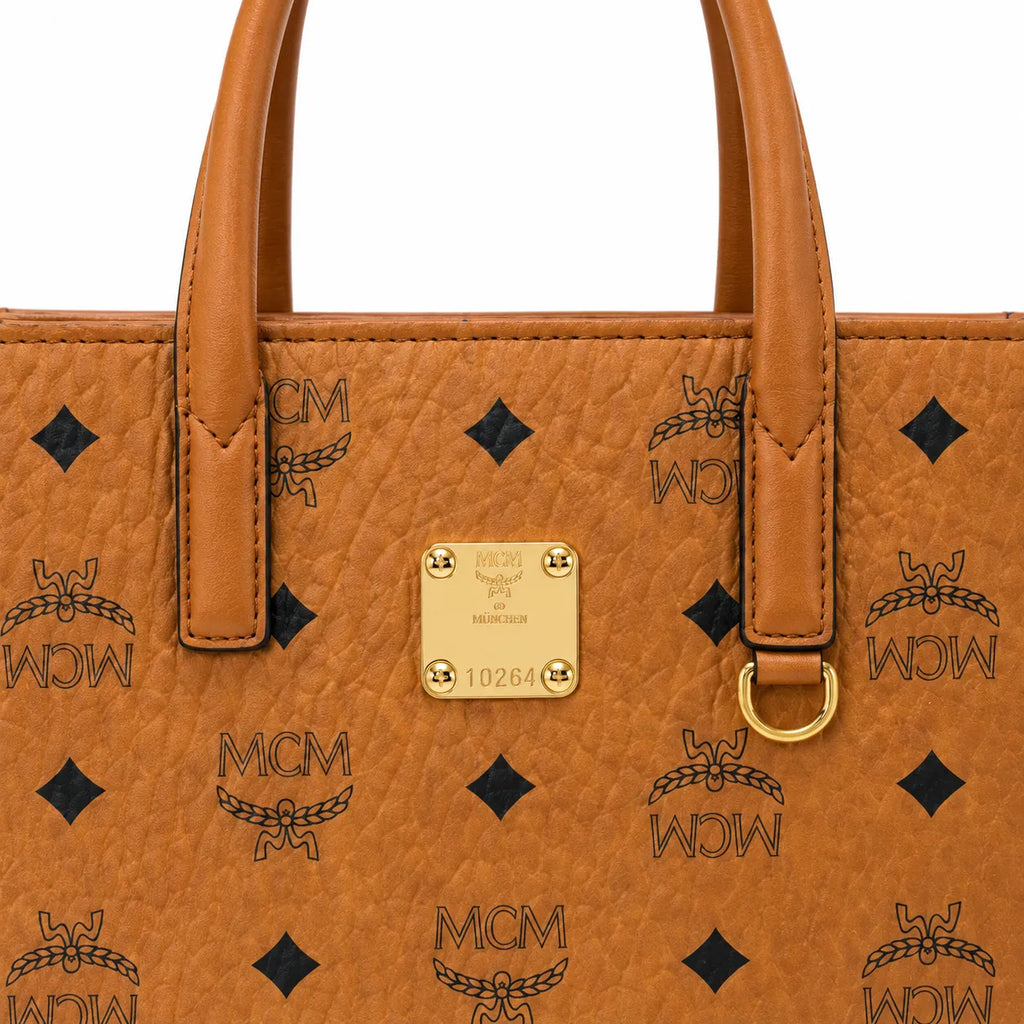 MCM Klassik Vertical Tote Bag | Cognac Visetos Mini Sheet Music Bag with Wide Fabric Strap