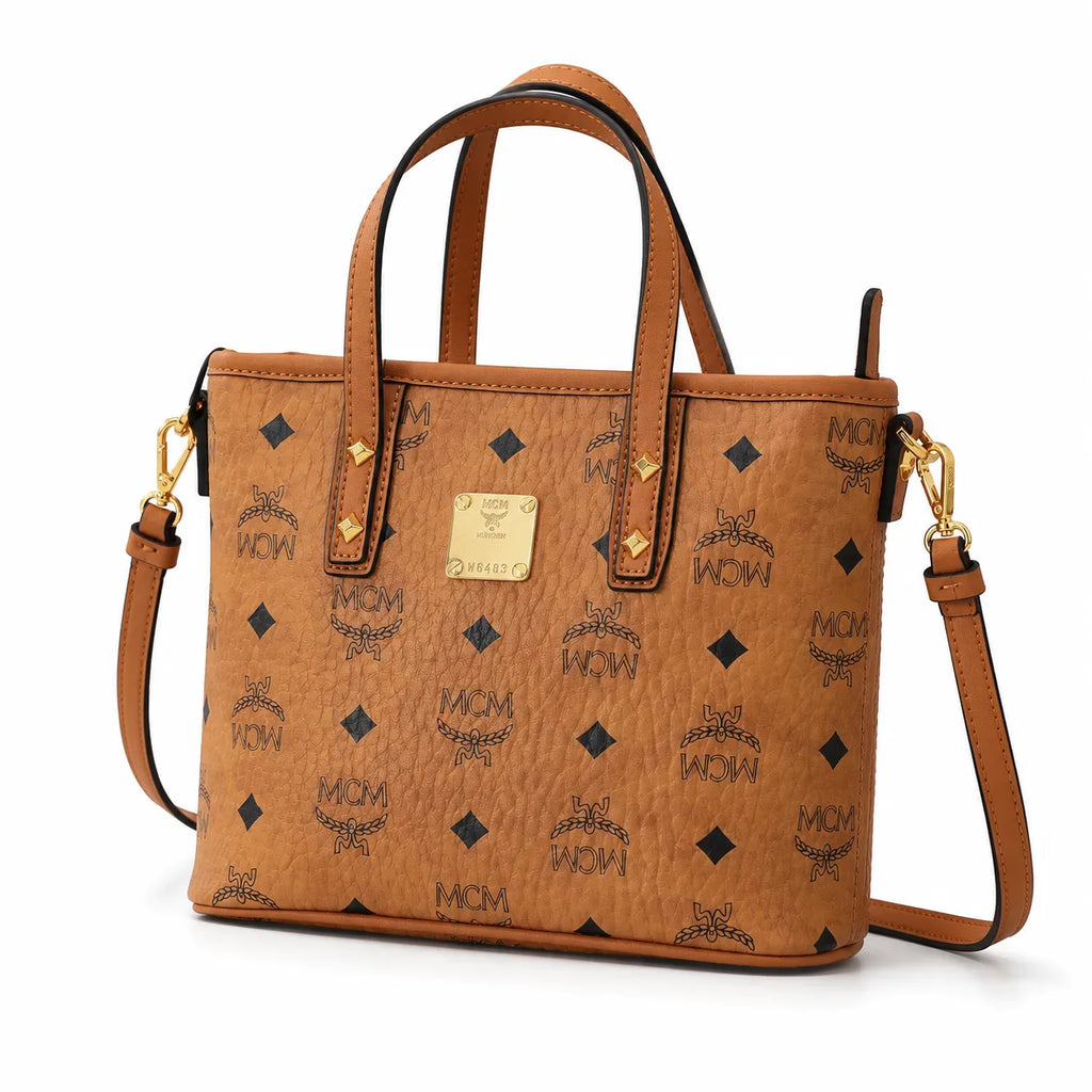 MCM Cognac Visetos Print Tote Bag with Top Handles and Detachable Shoulder Strap