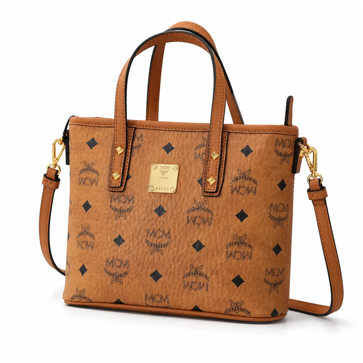 MCM Cognac Visetos Print Tote Bag with Top Handles and Detachable Shoulder Strap