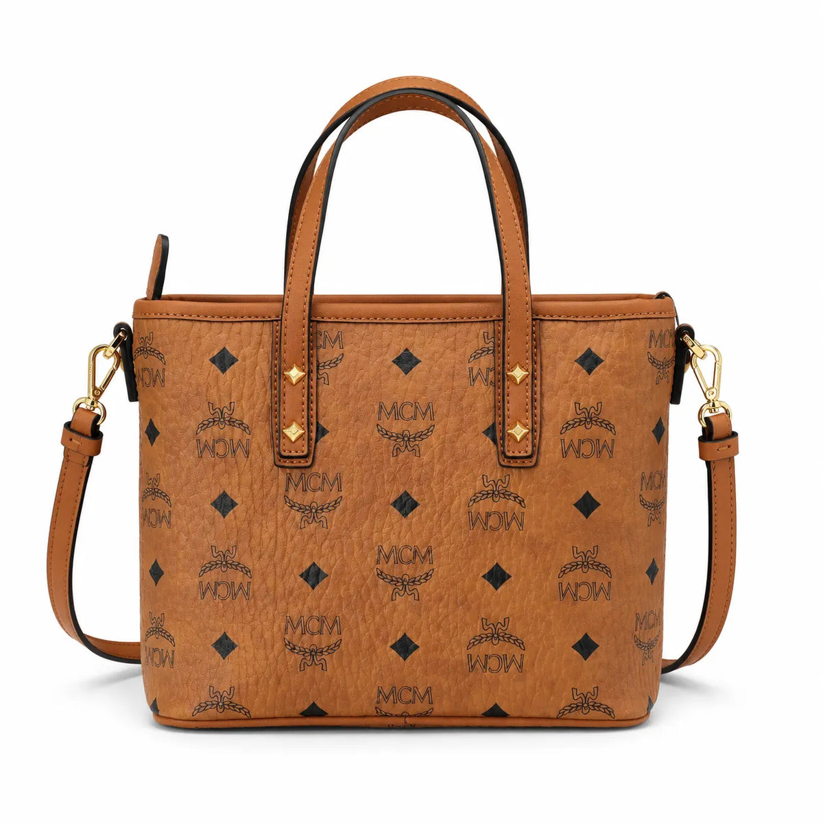 MCM Cognac Visetos Print Tote Bag with Top Handles and Detachable Shoulder Strap