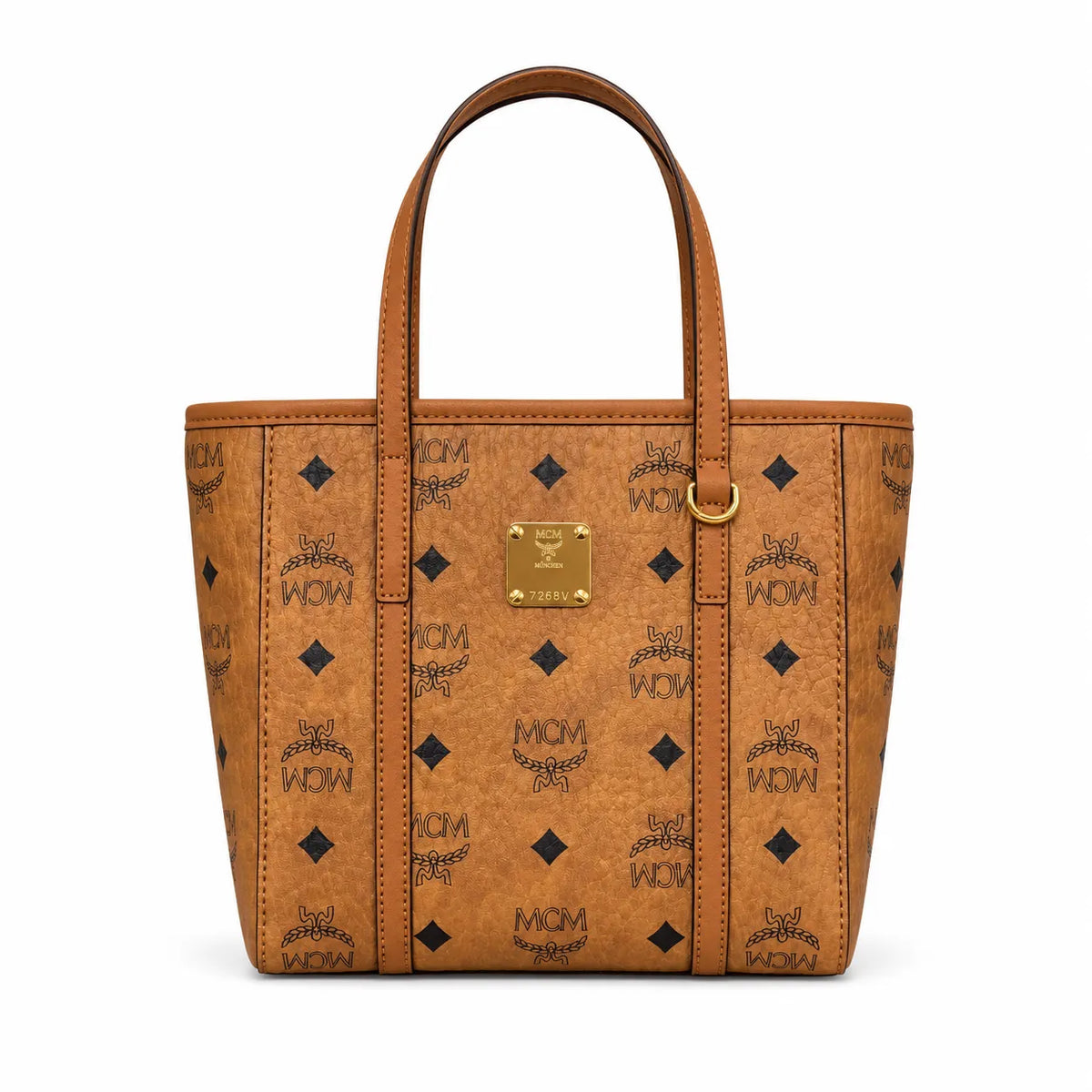MCM Cognac Visetos Monogram Tote Bag – Brown Top Handle Handbag with Gold-Tone Hardware