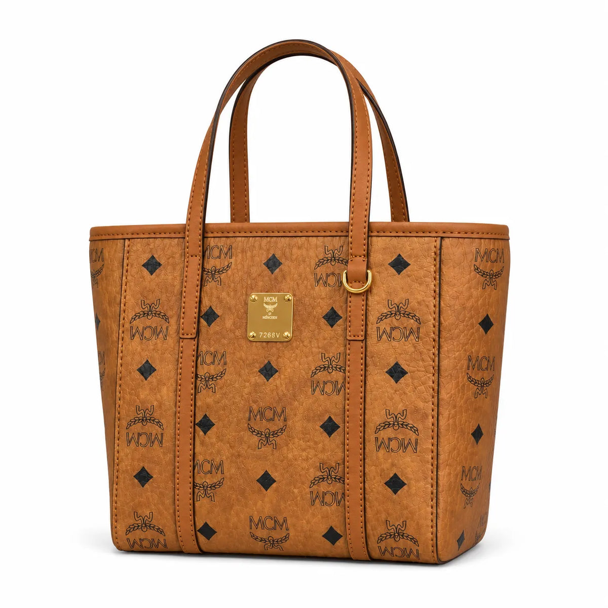 MCM Cognac Visetos Monogram Tote Bag – Brown Top Handle Handbag with Gold-Tone Hardware