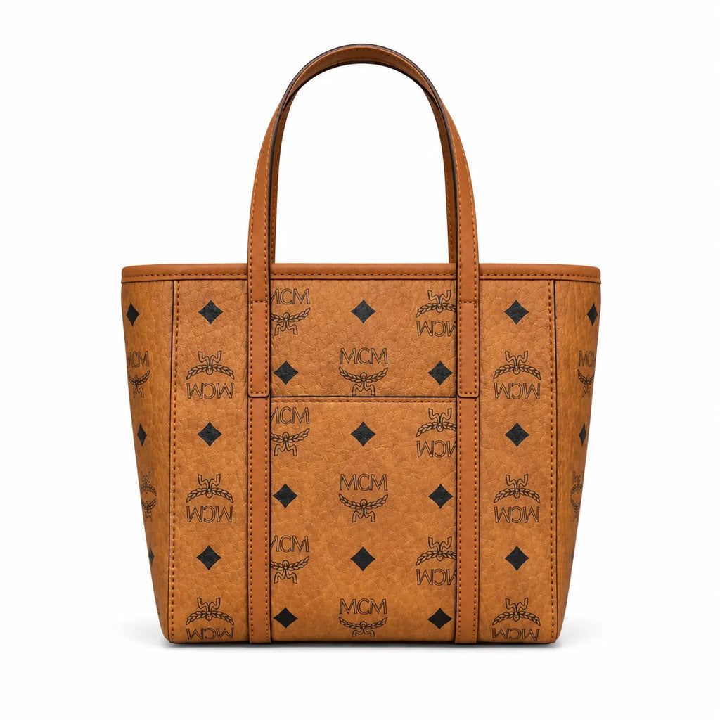 MCM Cognac Visetos Monogram Tote Bag – Brown Top Handle Handbag with Gold-Tone Hardware
