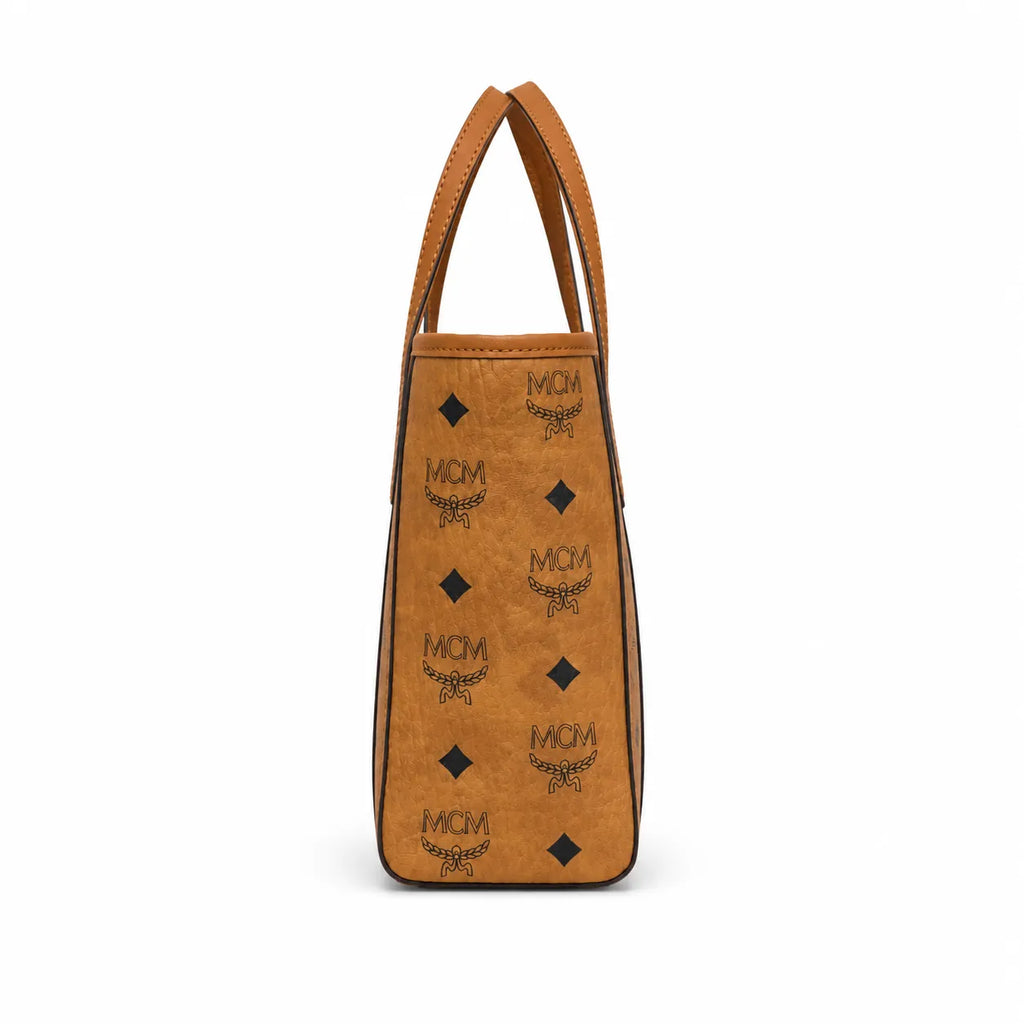 MCM Cognac Visetos Monogram Tote Bag – Brown Top Handle Handbag with Gold-Tone Hardware