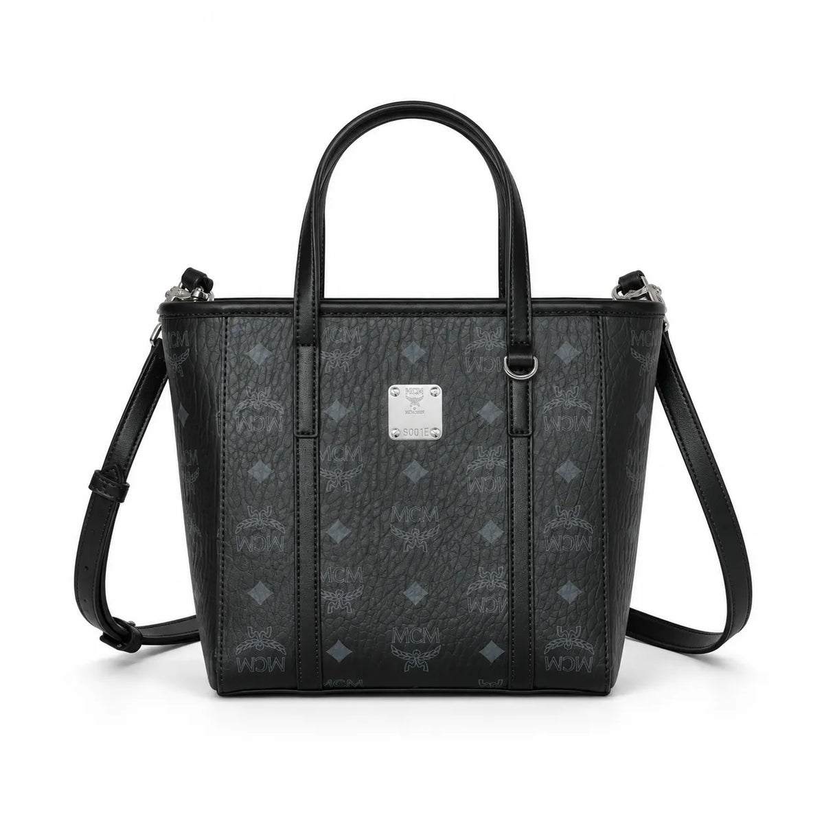 MCM Mini Toni Visetos Handbag, black, women’s handbag, featuring a detachable crossbody strap and the classic monogram print.