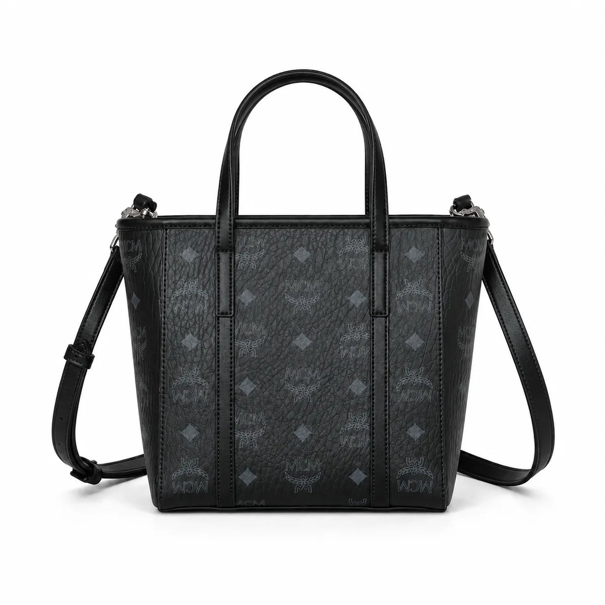 MCM Mini Toni Visetos Handbag, black, women’s handbag, featuring a detachable crossbody strap and the classic monogram print.