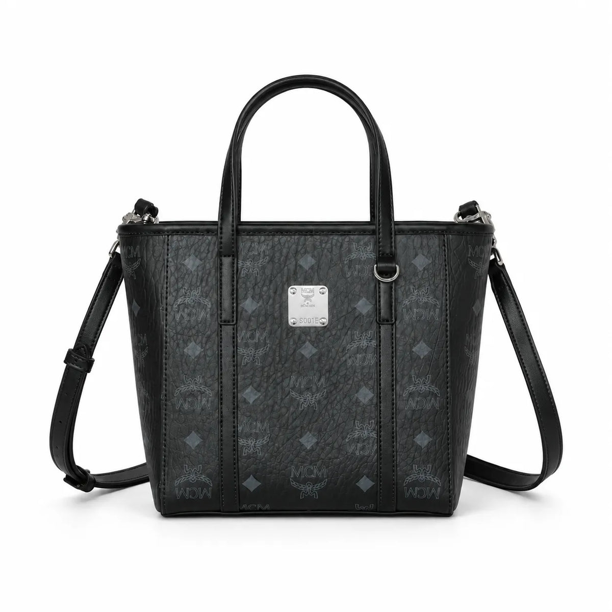 MCM Mini Toni Visetos Handbag, black, women’s handbag, featuring a detachable crossbody strap and the classic monogram print.