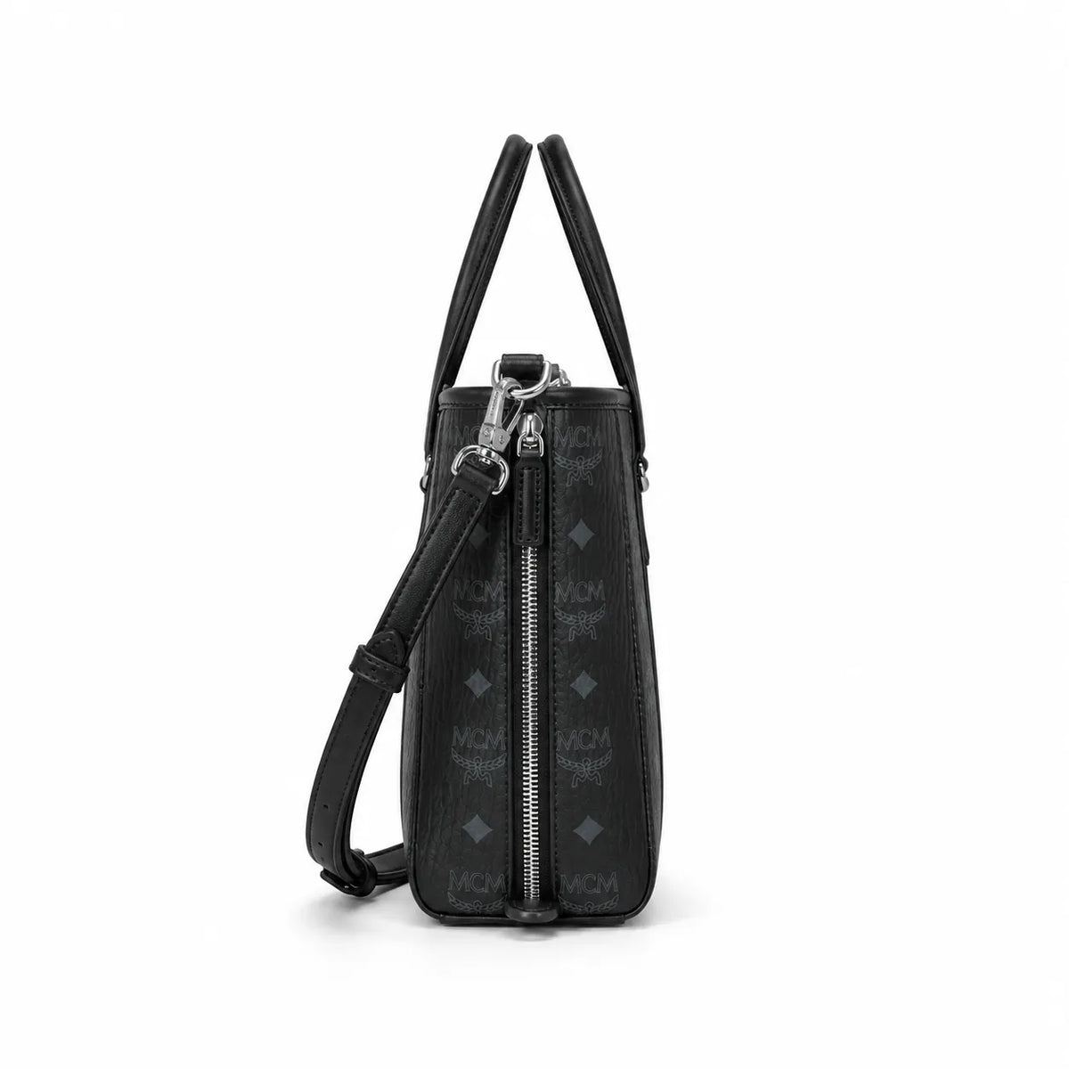 MCM Mini Toni Visetos Handbag, black, women’s handbag, featuring a detachable crossbody strap and the classic monogram print.
