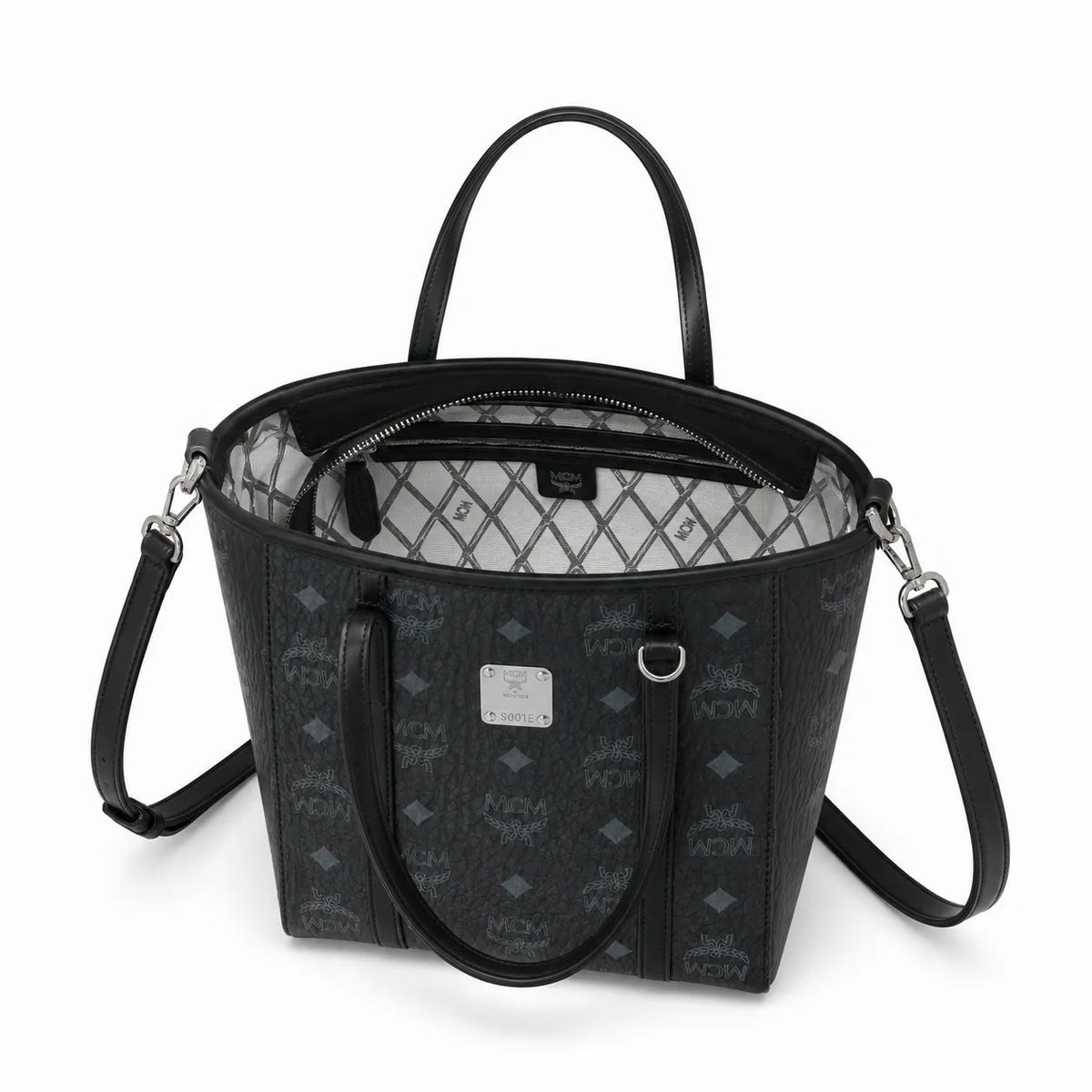 MCM Mini Toni Visetos Handbag, black, women’s handbag, featuring a detachable crossbody strap and the classic monogram print.