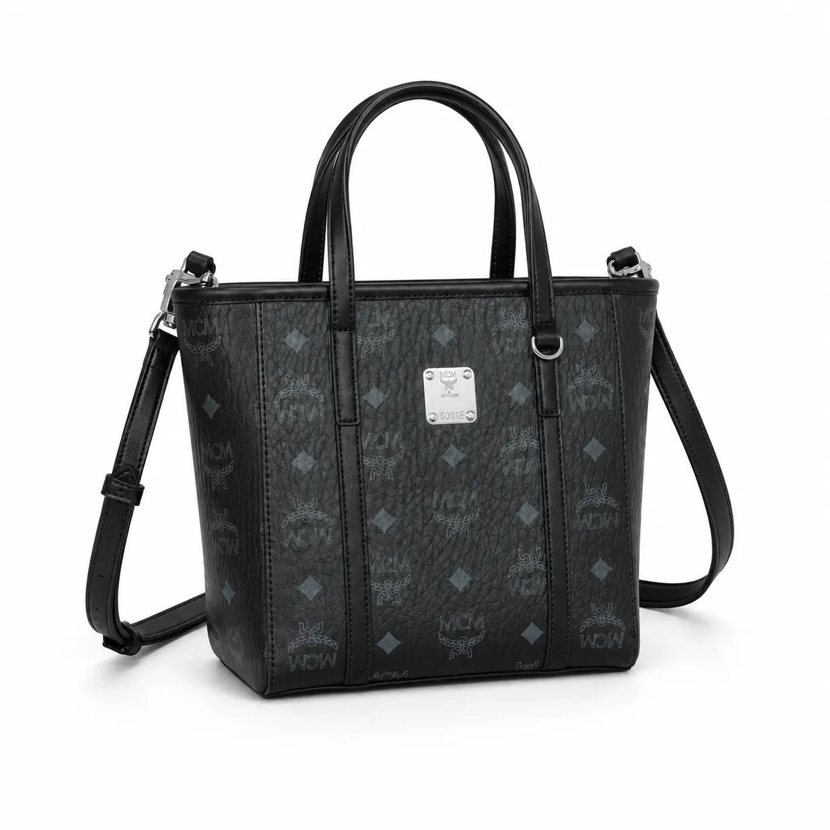 MCM Mini Toni Visetos Handbag, black, women’s handbag, featuring a detachable crossbody strap and the classic monogram print.
