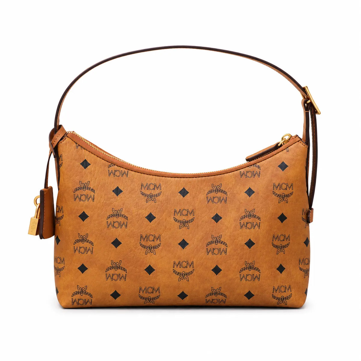 MCM Visetos Hobo Shoulder Bag, Cognac, Women’s Crescent-Shaped Monogram Handbag, Gold-Tone Hardware, Underarm Bag