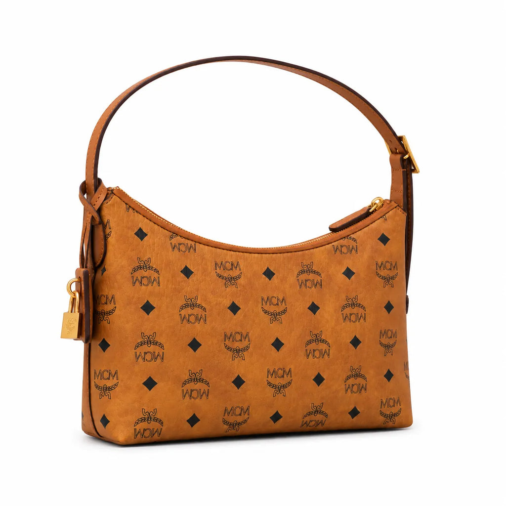 MCM Visetos Hobo Shoulder Bag, Cognac, Women’s Crescent-Shaped Monogram Handbag, Gold-Tone Hardware, Underarm Bag