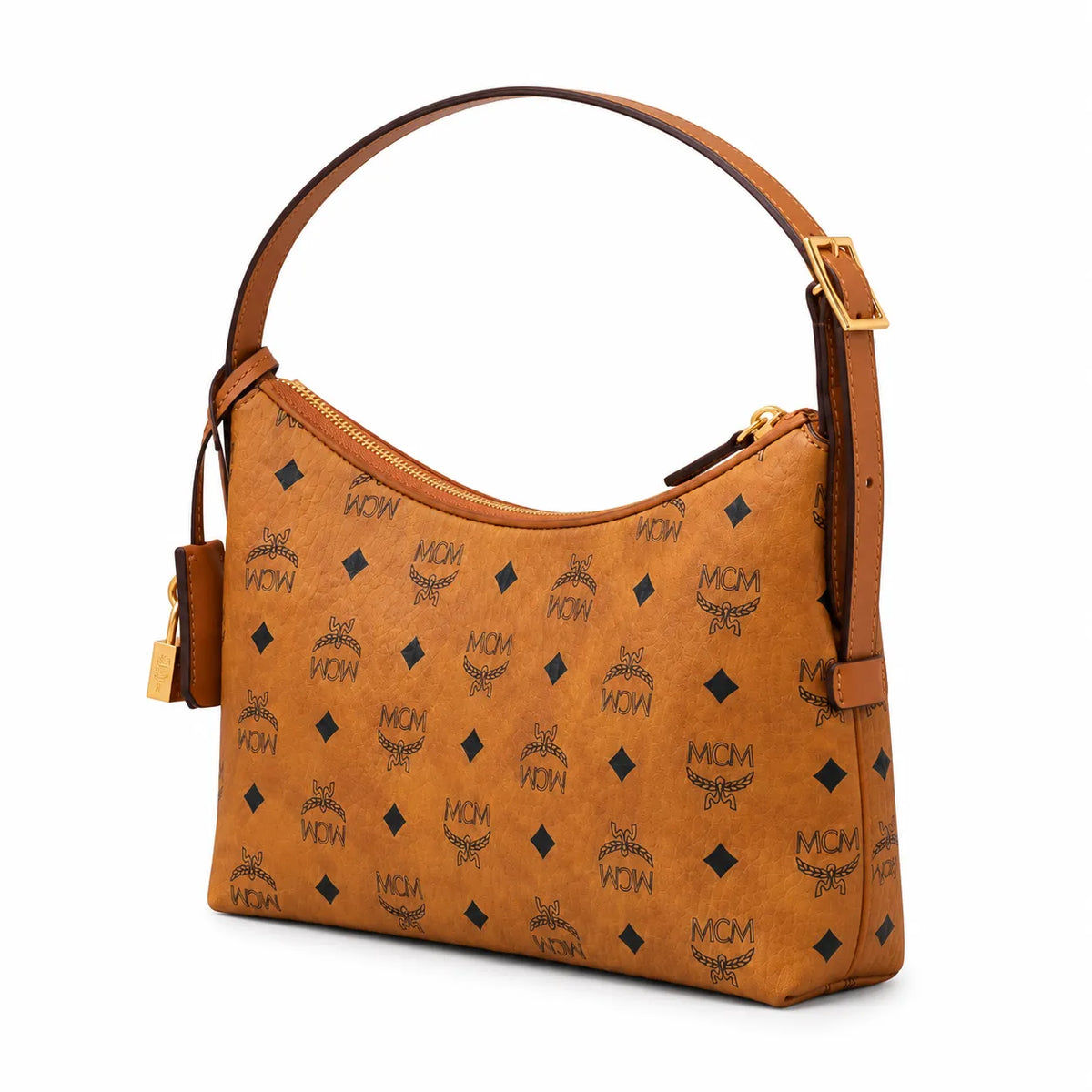 MCM Visetos Hobo Shoulder Bag, Cognac, Women’s Crescent-Shaped Monogram Handbag, Gold-Tone Hardware, Underarm Bag