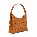 MCM Visetos Hobo Shoulder Bag, Cognac, Women’s Crescent-Shaped Monogram Handbag, Gold-Tone Hardware, Underarm Bag