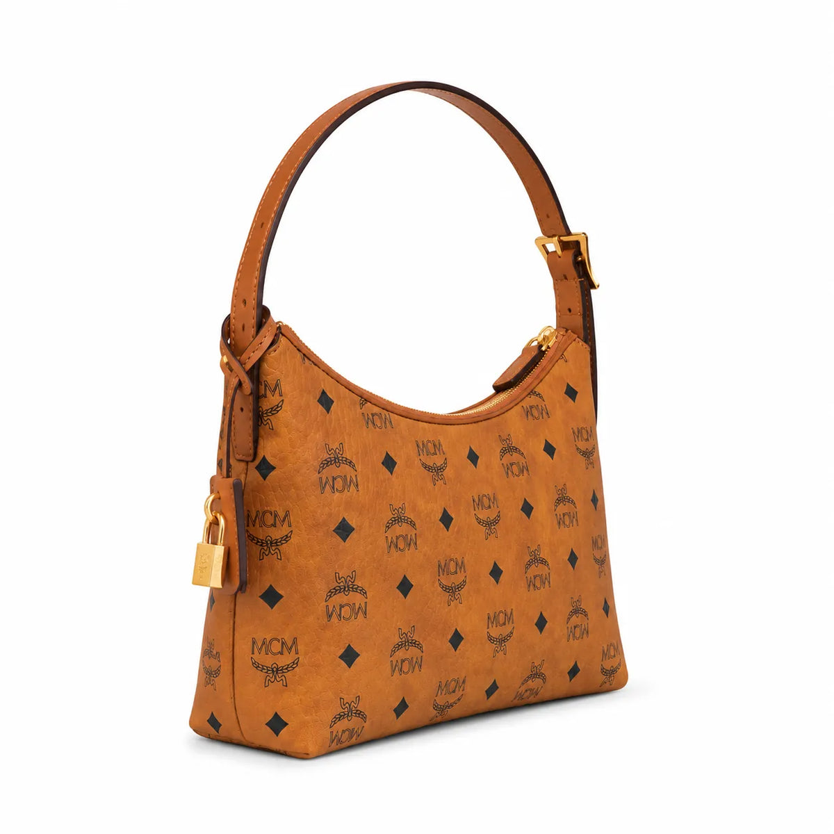 MCM Visetos Hobo Shoulder Bag, Cognac, Women’s Crescent-Shaped Monogram Handbag, Gold-Tone Hardware, Underarm Bag