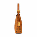 MCM Visetos Hobo Shoulder Bag, Cognac, Women’s Crescent-Shaped Monogram Handbag, Gold-Tone Hardware, Underarm Bag