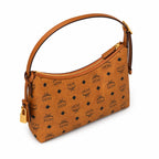 MCM Visetos Hobo Shoulder Bag, Cognac, Women’s Crescent-Shaped Monogram Handbag, Gold-Tone Hardware, Underarm Bag