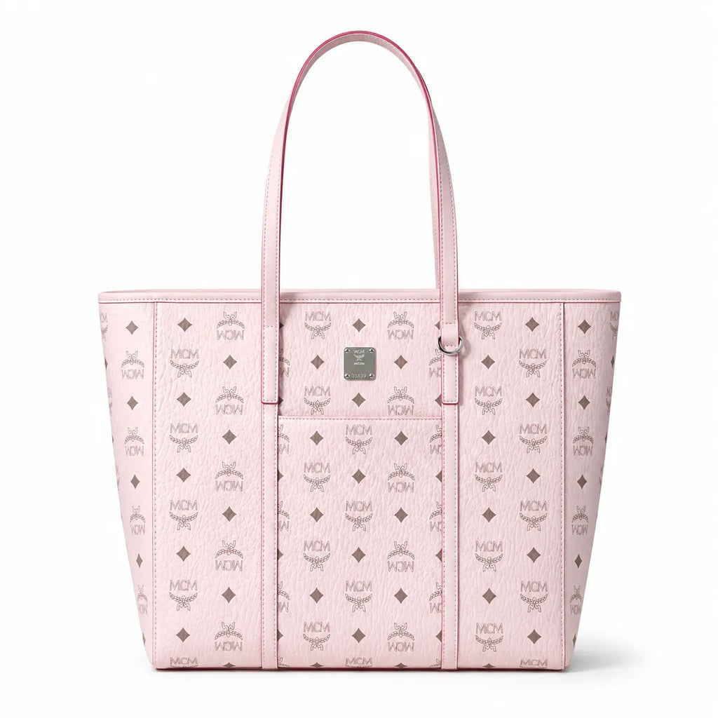 MCM Medium Toni Visetos Tote Bag Soft Pink, Women's Top Handle Shoulder Handbag, Classic Monogram Shopping Tote Purse
