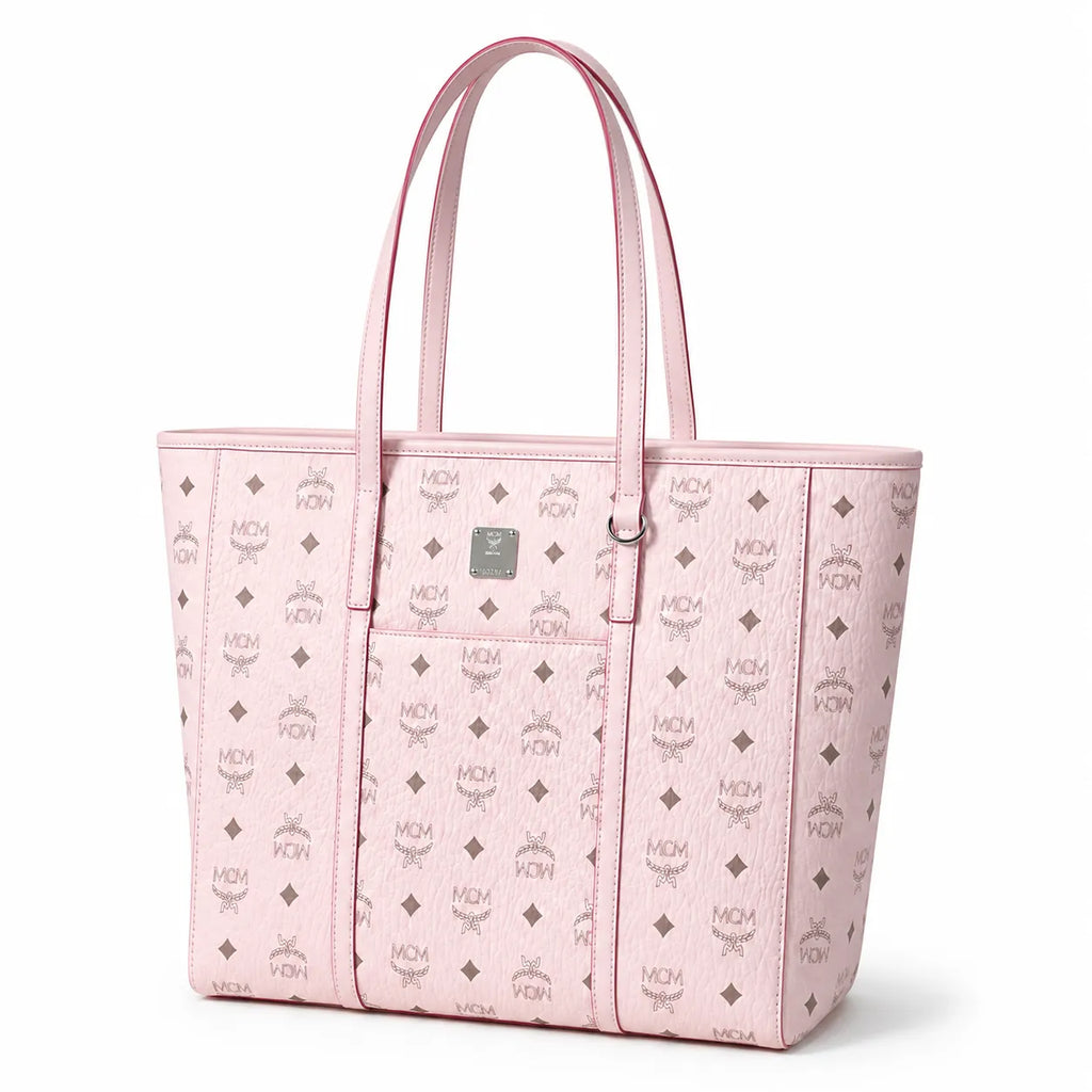 MCM Medium Toni Visetos Tote Bag Soft Pink, Women's Top Handle Shoulder Handbag, Classic Monogram Shopping Tote Purse