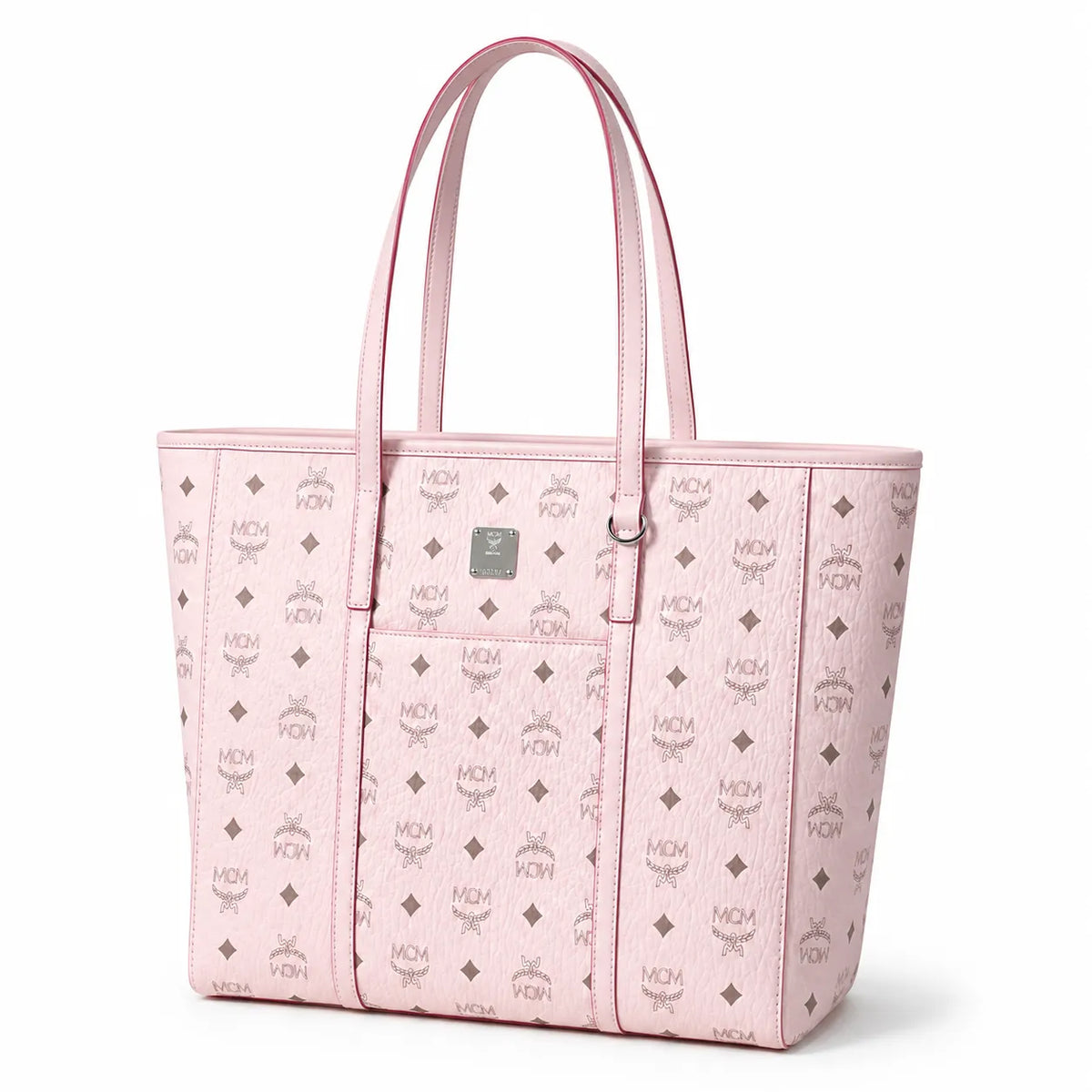 MCM Medium Toni Visetos Tote Bag Soft Pink, Women's Top Handle Shoulder Handbag, Classic Monogram Shopping Tote Purse