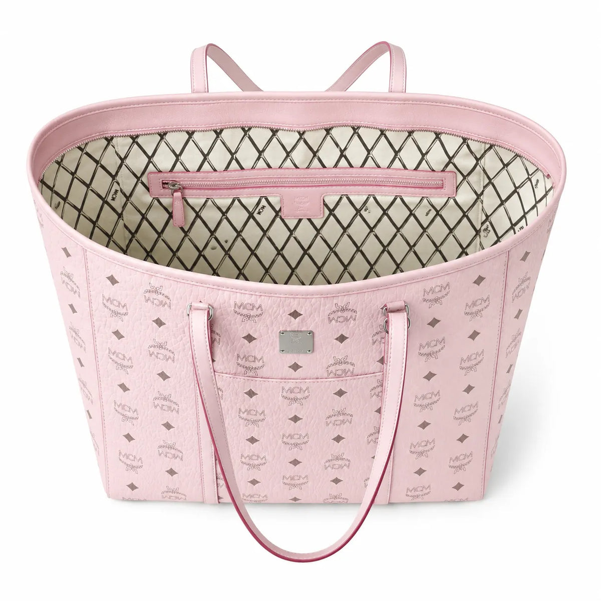 MCM Medium Toni Visetos Tote Bag Soft Pink, Women's Top Handle Shoulder Handbag, Classic Monogram Shopping Tote Purse