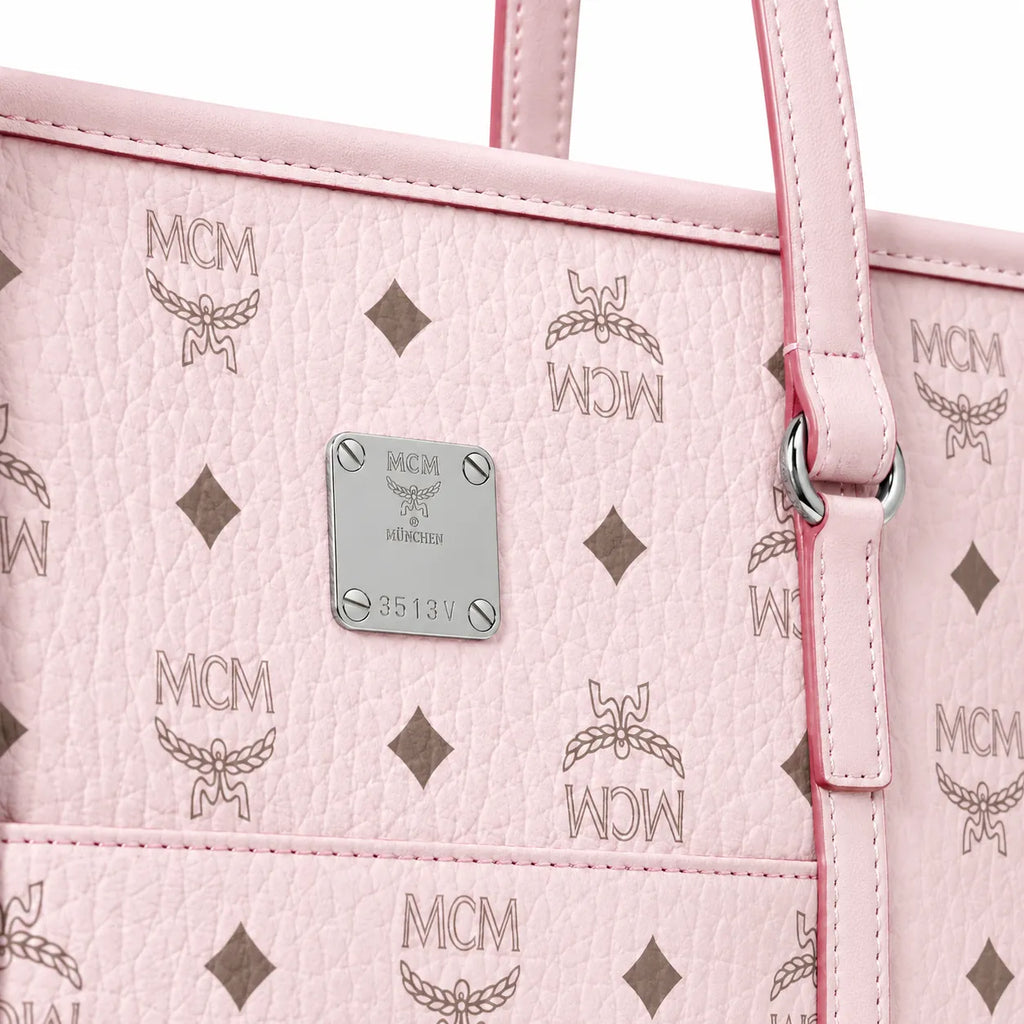 MCM Medium Toni Visetos Tote Bag Soft Pink, Women's Top Handle Shoulder Handbag, Classic Monogram Shopping Tote Purse