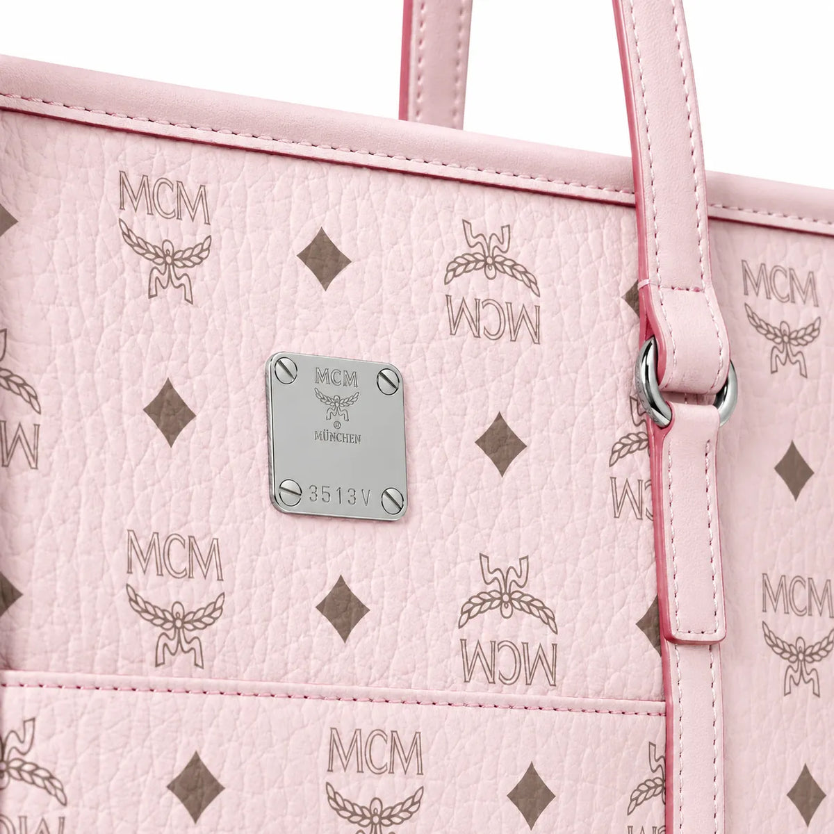 MCM Medium Toni Visetos Tote Bag Soft Pink, Women's Top Handle Shoulder Handbag, Classic Monogram Shopping Tote Purse