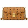 MCM Visetos Flap Chain Crossbody Bag Cognac, Women's Monogram Shoulder Wallet Purse, Gold Logo Lock Hardware