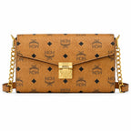 MCM Visetos Flap Chain Crossbody Bag Cognac, Women's Monogram Shoulder Wallet Purse, Gold Logo Lock Hardware