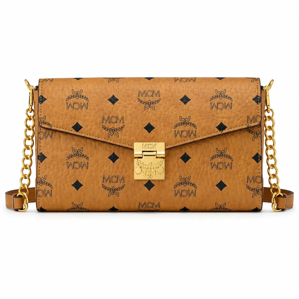 MCM Visetos Flap Chain Crossbody Bag Cognac, Women's Monogram Shoulder Wallet Purse, Gold Logo Lock Hardware