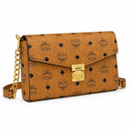 MCM Visetos Flap Chain Crossbody Bag Cognac, Women's Monogram Shoulder Wallet Purse, Gold Logo Lock Hardware