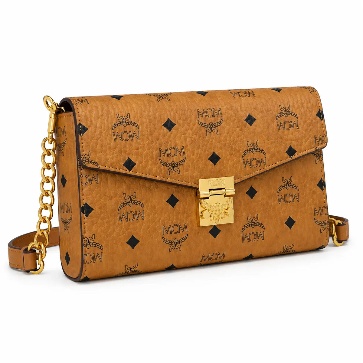 MCM Visetos Flap Chain Crossbody Bag Cognac, Women's Monogram Shoulder Wallet Purse, Gold Logo Lock Hardware