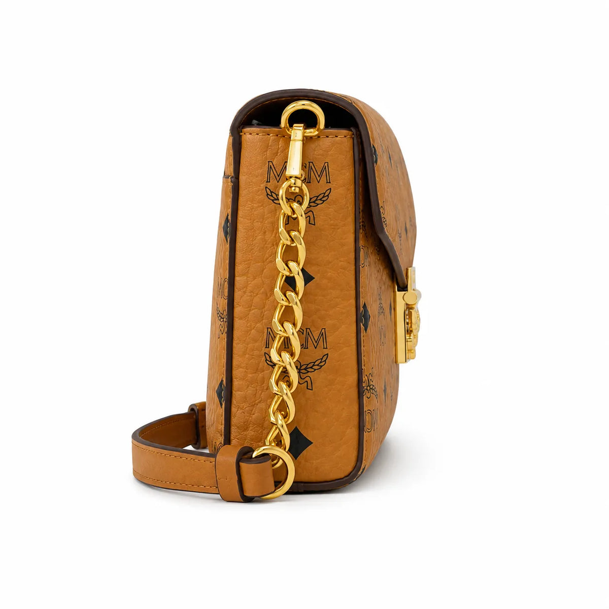 MCM Visetos Flap Chain Crossbody Bag Cognac, Women's Monogram Shoulder Wallet Purse, Gold Logo Lock Hardware