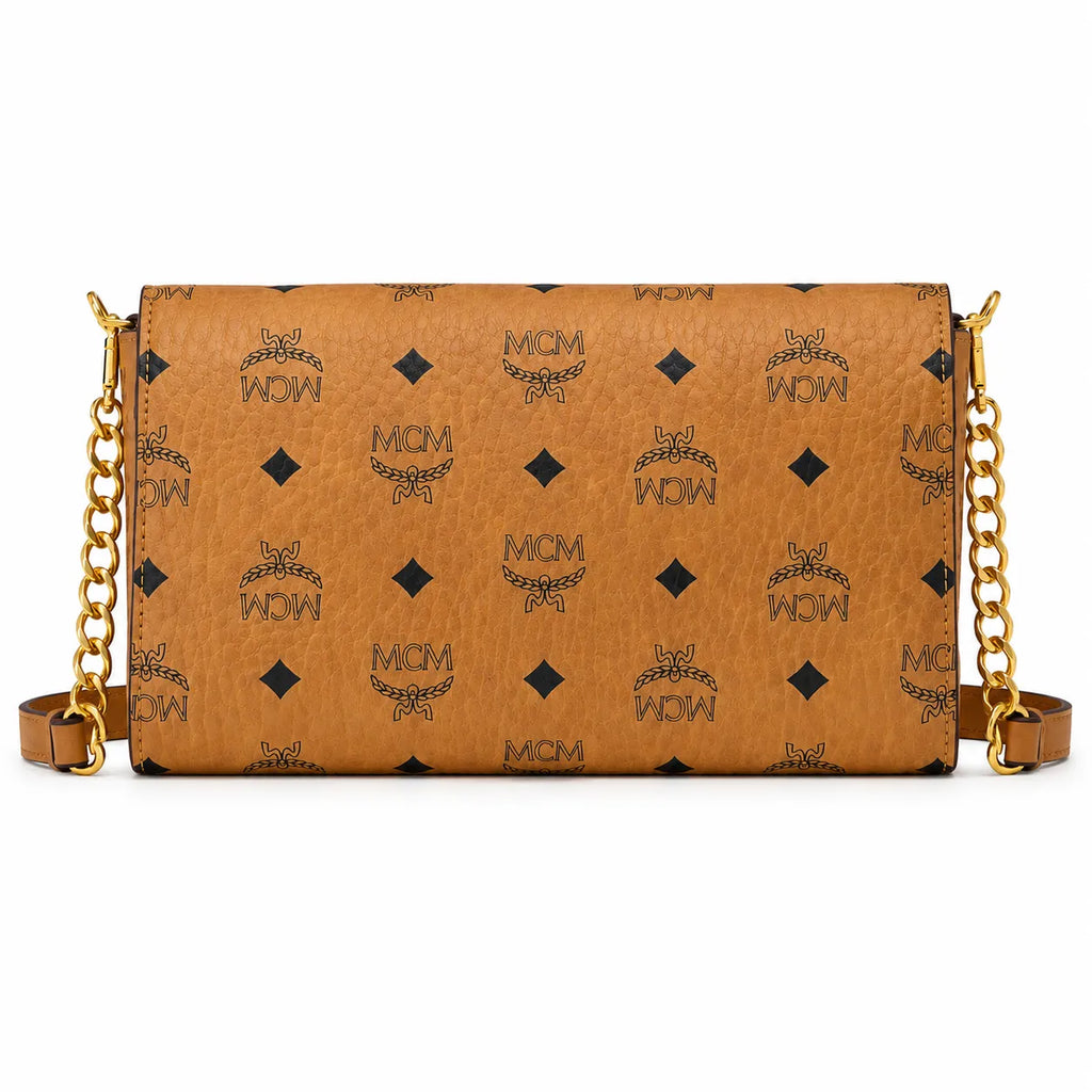 MCM Visetos Flap Chain Crossbody Bag Cognac, Women's Monogram Shoulder Wallet Purse, Gold Logo Lock Hardware