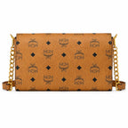 MCM Visetos Flap Chain Crossbody Bag Cognac, Women's Monogram Shoulder Wallet Purse, Gold Logo Lock Hardware