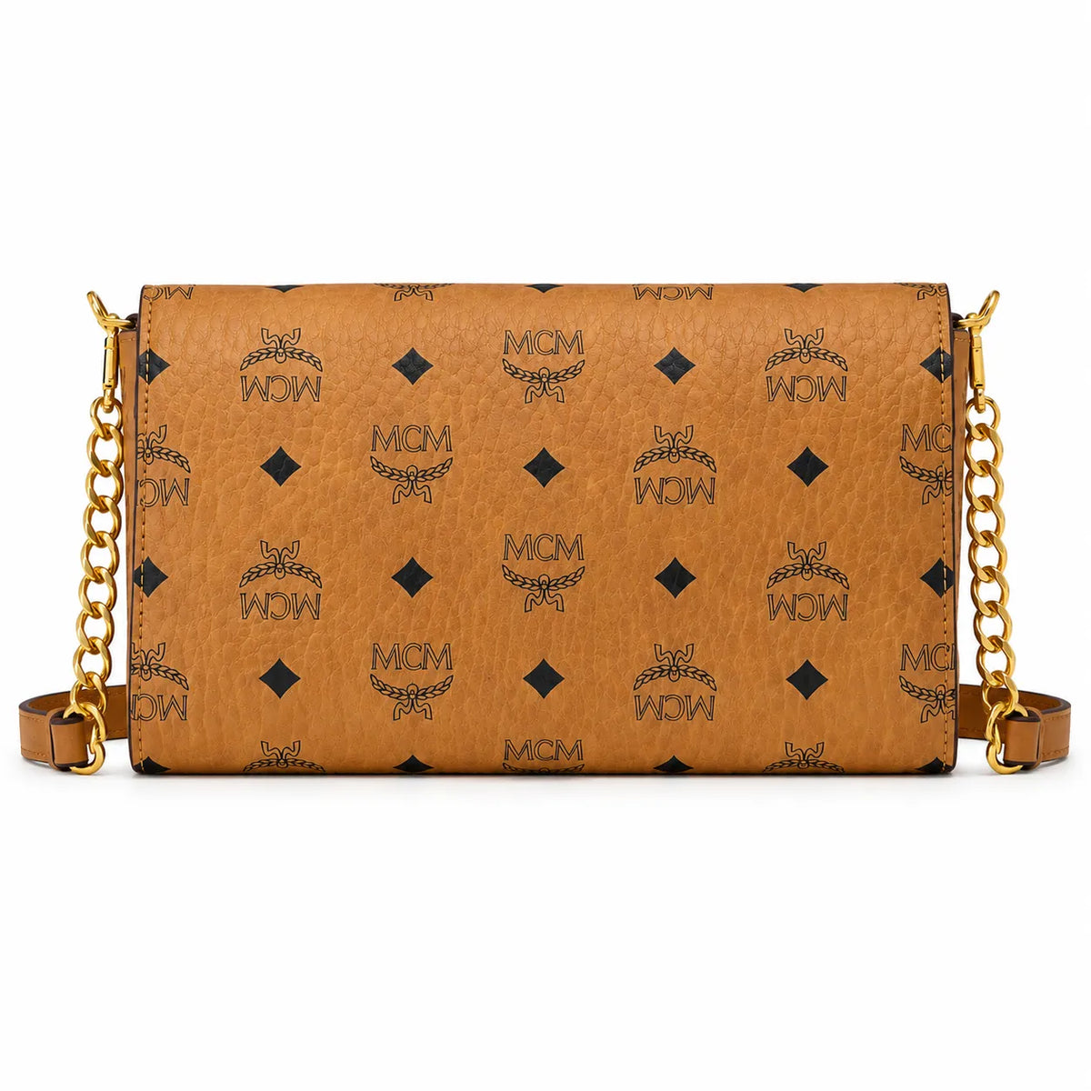 MCM Visetos Flap Chain Crossbody Bag Cognac, Women's Monogram Shoulder Wallet Purse, Gold Logo Lock Hardware