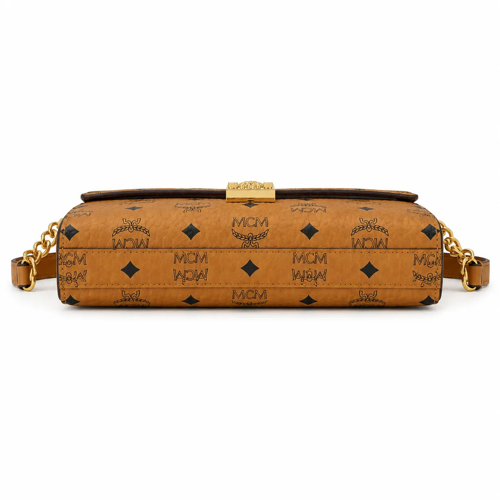 MCM Visetos Flap Chain Crossbody Bag Cognac, Women's Monogram Shoulder Wallet Purse, Gold Logo Lock Hardware