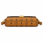 MCM Visetos Flap Chain Crossbody Bag Cognac, Women's Monogram Shoulder Wallet Purse, Gold Logo Lock Hardware