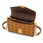 MCM Visetos Flap Chain Crossbody Bag Cognac, Women's Monogram Shoulder Wallet Purse, Gold Logo Lock Hardware
