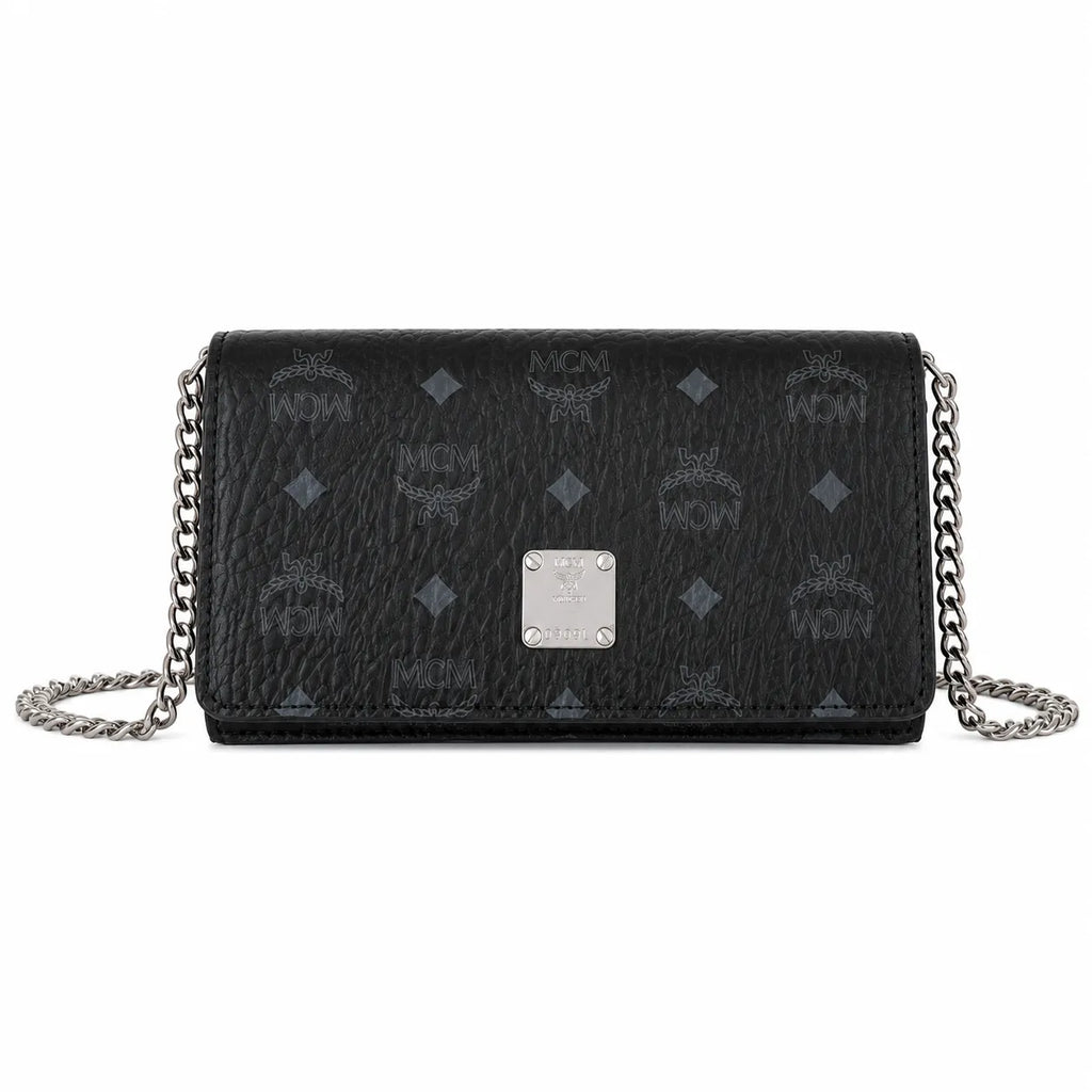 MCM Black Visetos Monogram Chain Shoulder Bag – Flap Crossbody Bag with Silver-Tone Hardware