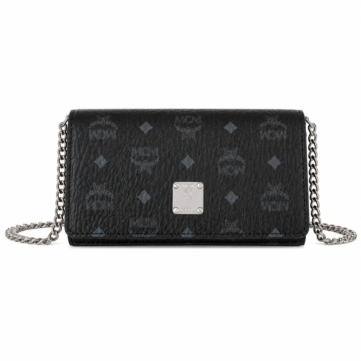 MCM Black Visetos Monogram Chain Shoulder Bag – Flap Crossbody Bag with Silver-Tone Hardware